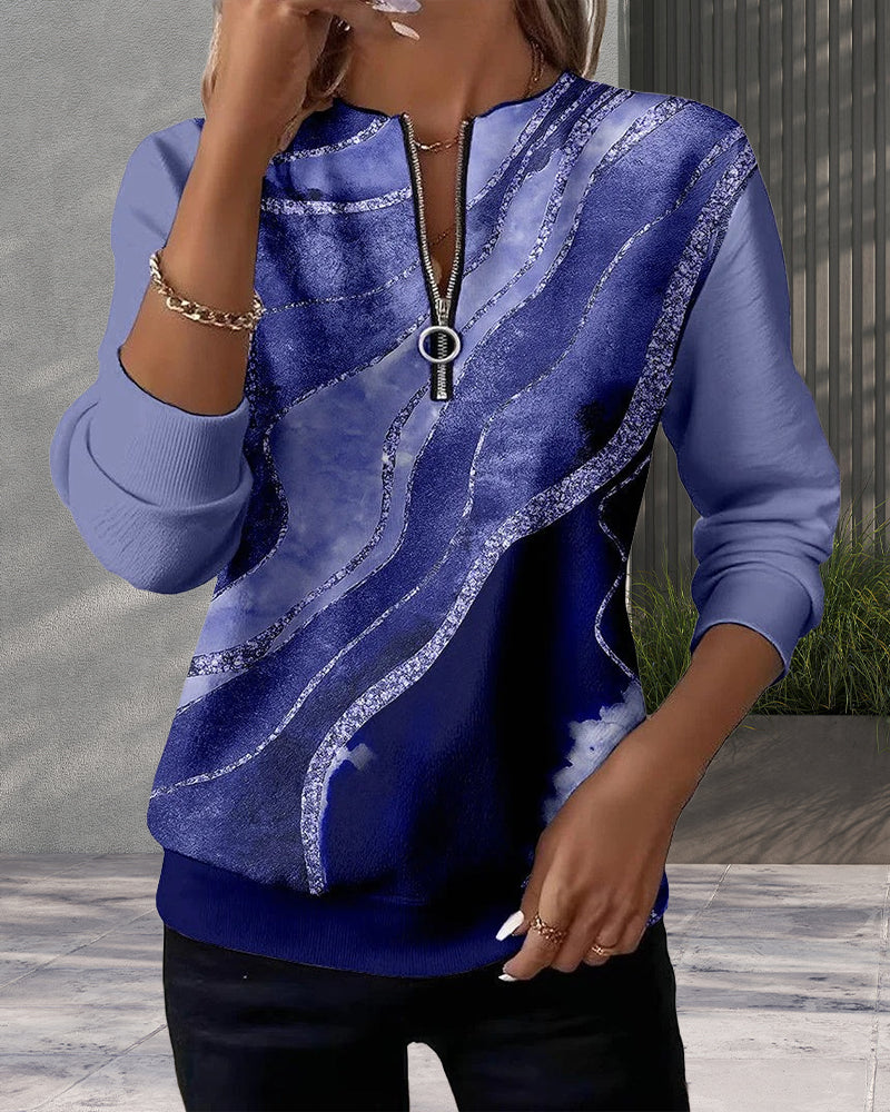 Sweat vintage pour femme avec demi-zip et imprimé artistique aux couleurs classiques