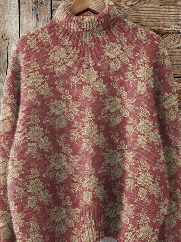 Pull à col montant pour femme, imprimé rétro de roses, silhouette ample et tombé fluide