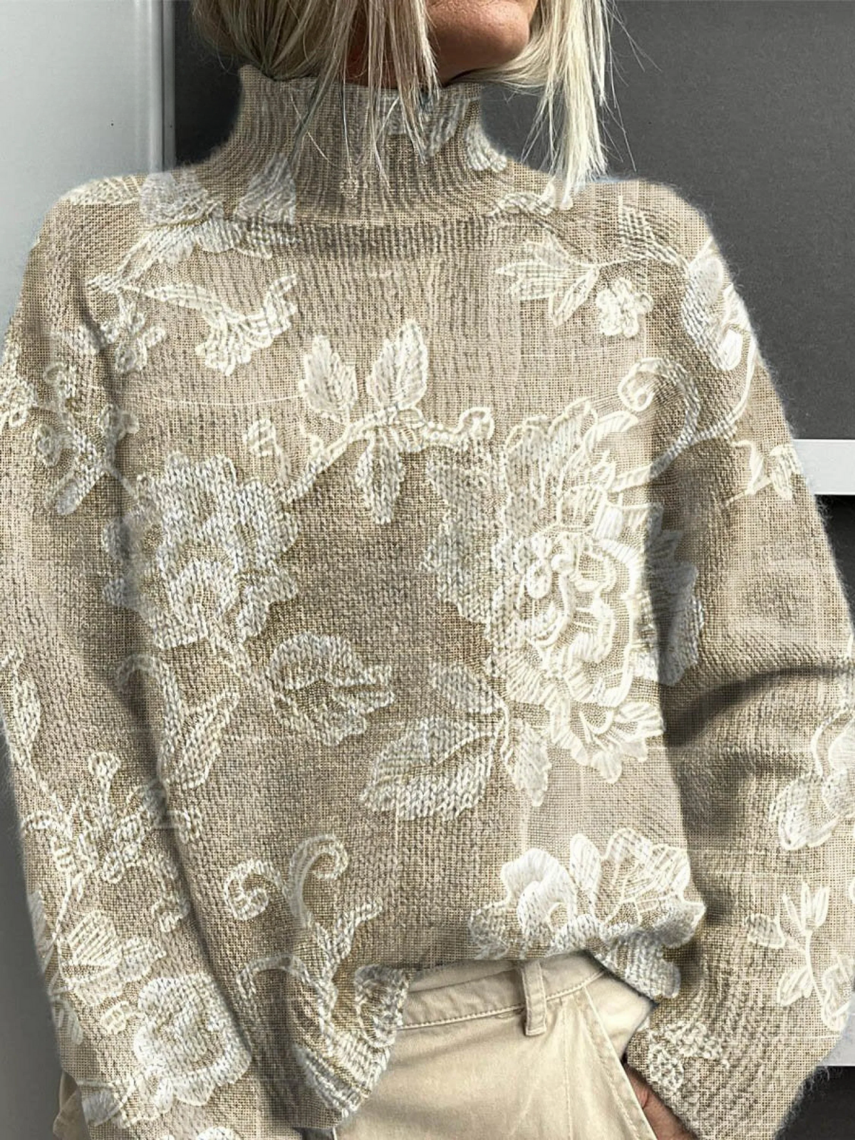 Pull à col montant pour femme, imprimé floral vintage avec maille texturée et silhouette ample
