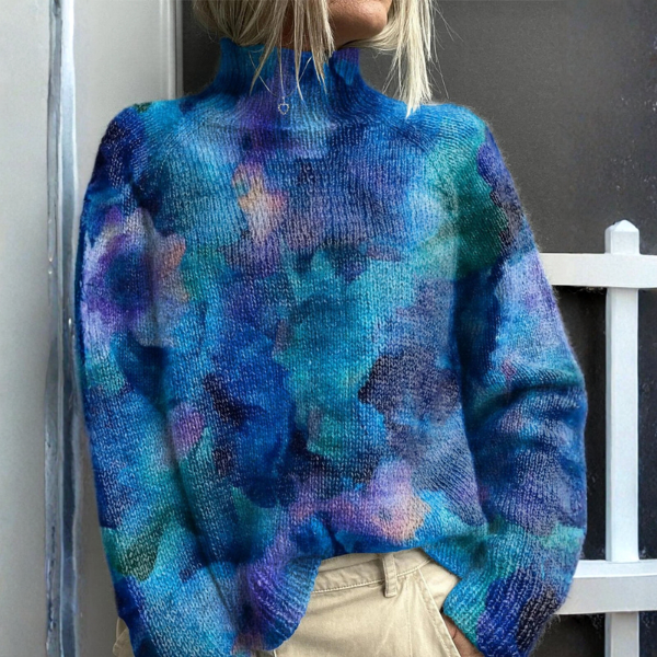 Pull à col montant pour femme, design abstrait aux tons intenses avec effet artistique