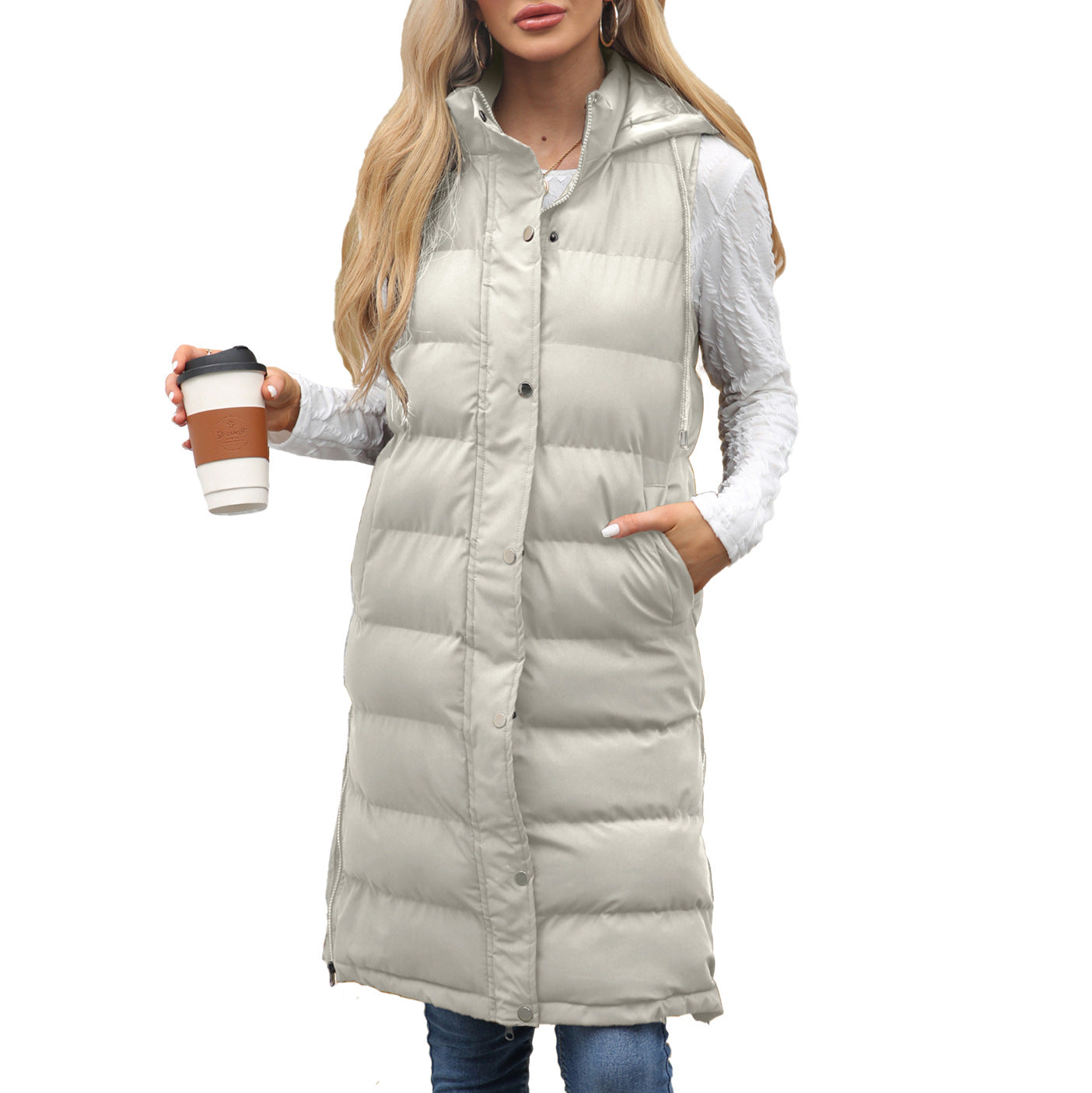 Gilet long matelassé à capuche pour femme en duvet, chaud et léger, idéal pour l’hiver