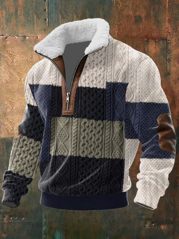 Pull à demi-zip pour homme, design patchwork en blocs de couleur avec maille torsadée