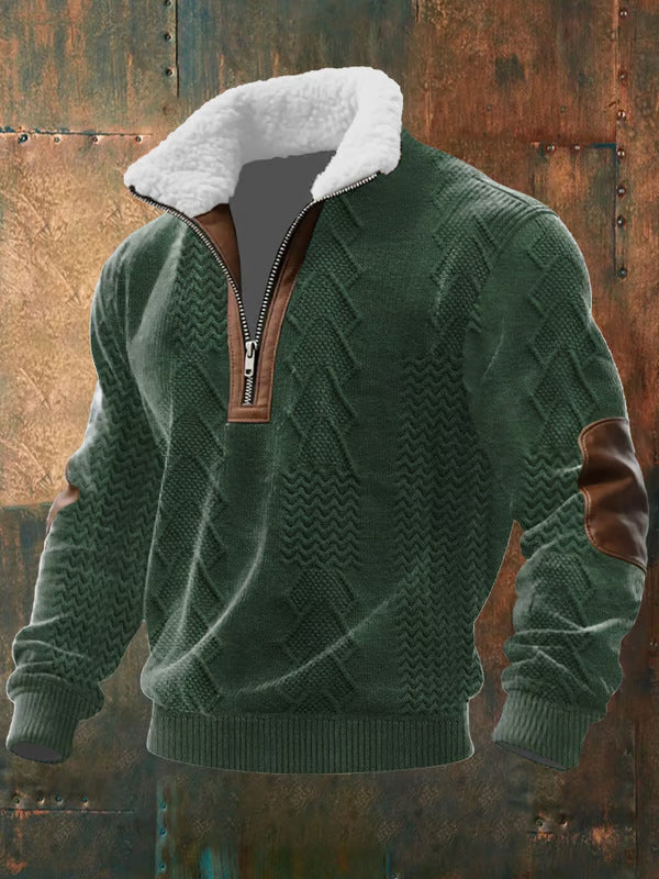 Pull à demi-zip pour homme avec col montant doublé en peau de mouton et texture structurée