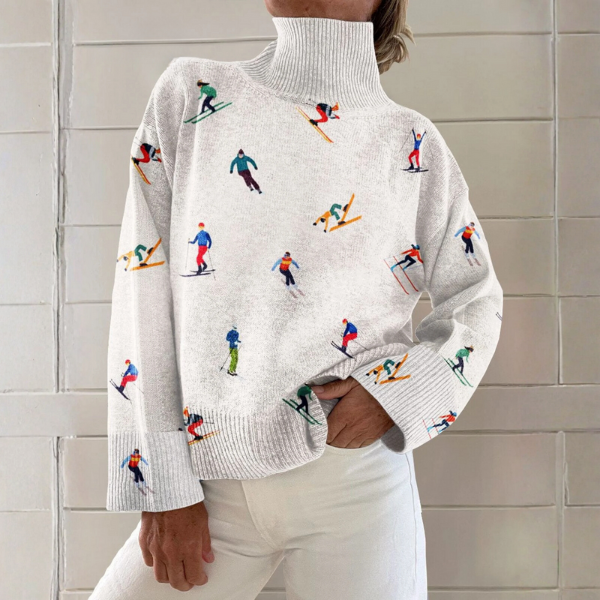 Pull à col montant pour femme, design chic avec broderies colorées et silhouette décontractée, élégant pour l’automne