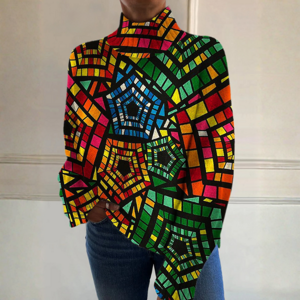 Pull à col montant, design géométrique multicolore en mosaïque et silhouette ample