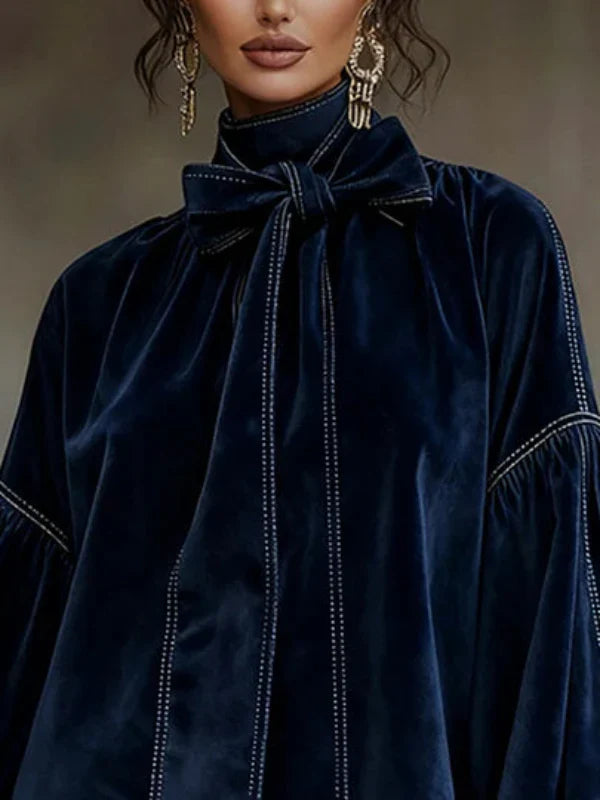 Mini-robe en velours pour femme avec manches bouffantes, col montant avec nœud, élégante et confortable