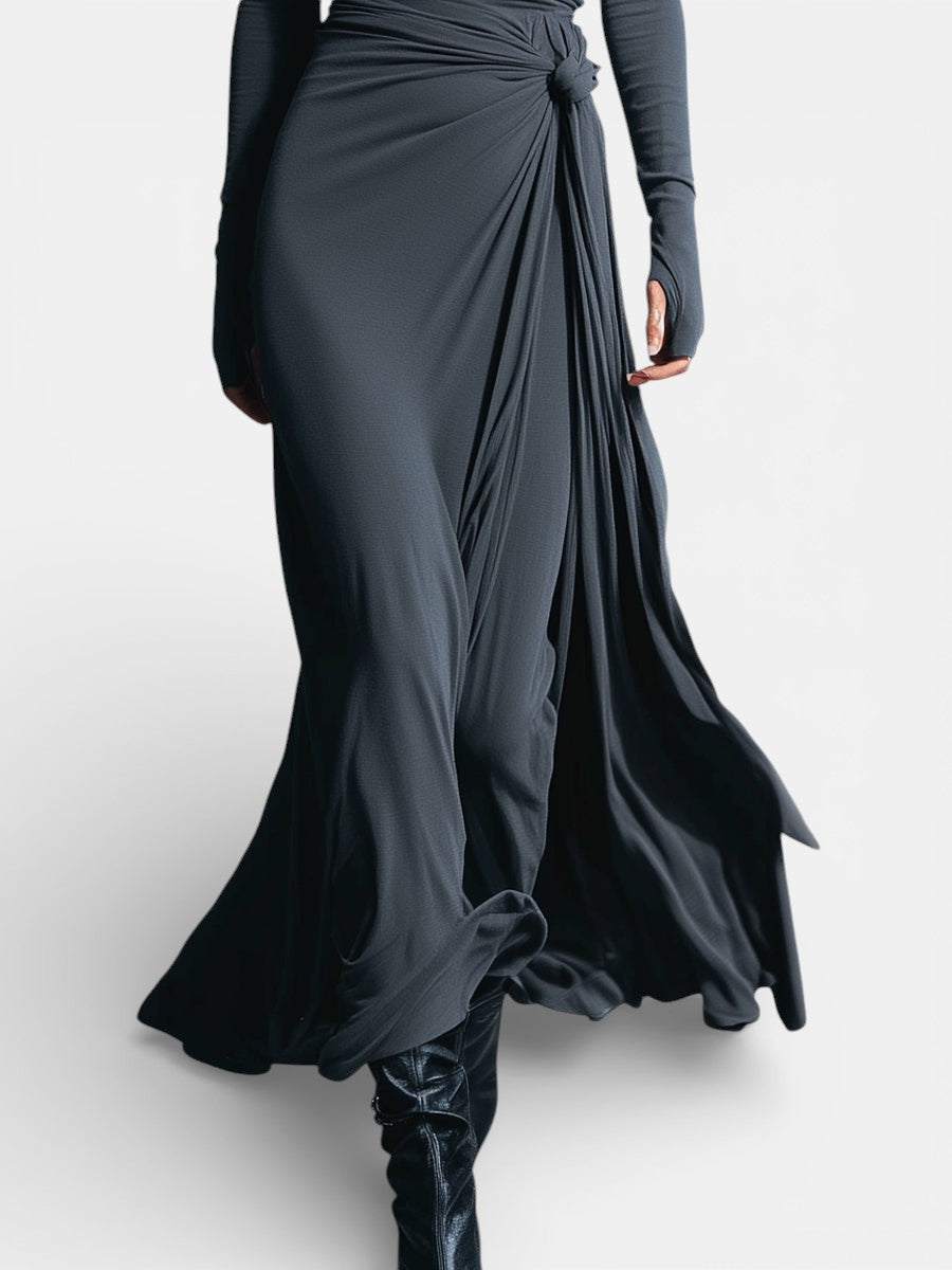 Robe longue pour femme avec nœud latéral, design élégant à manches longues et tombé fluide