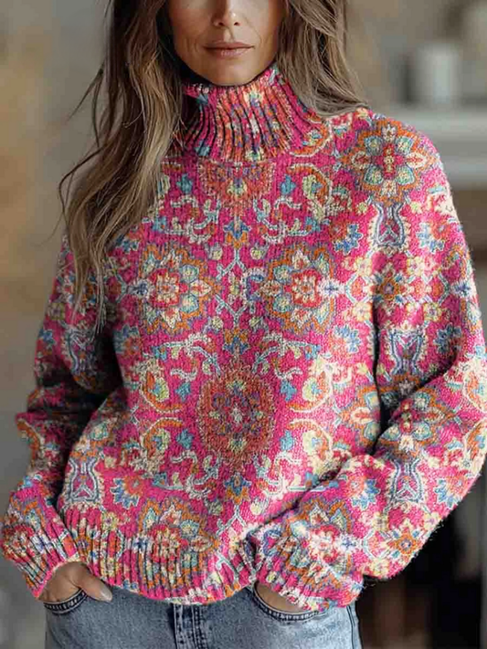 Pull à col montant pour femme, design floral ethnique rétro avec silhouette cintrée, élégant pour l’automne