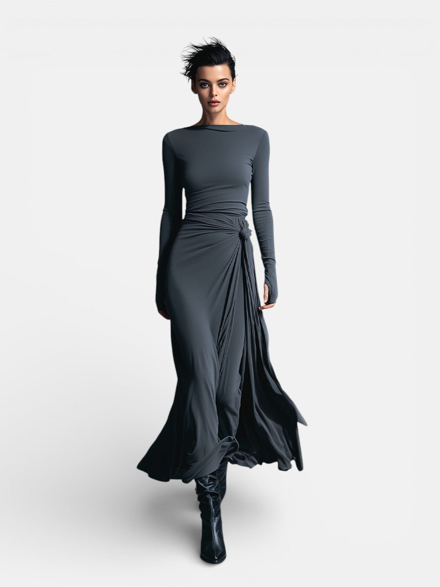 Robe longue pour femme avec nœud latéral, design élégant à manches longues et tombé fluide
