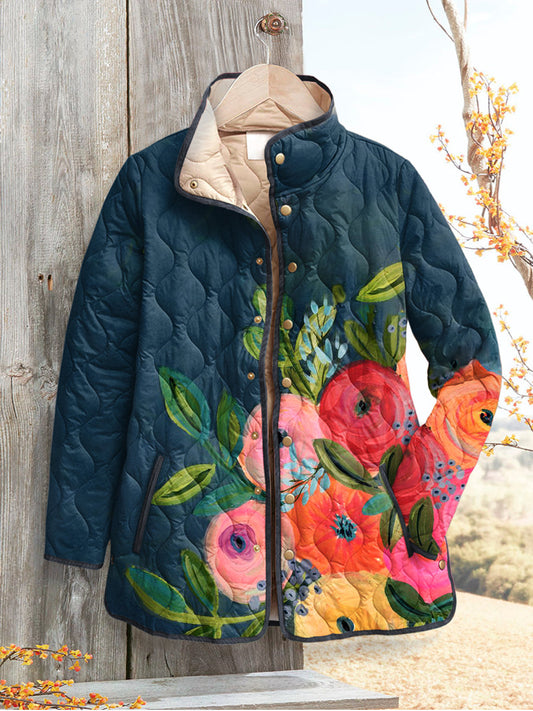 Veste matelassée pour femme, design vintage avec imprimé floral artistique et fermeture frontale