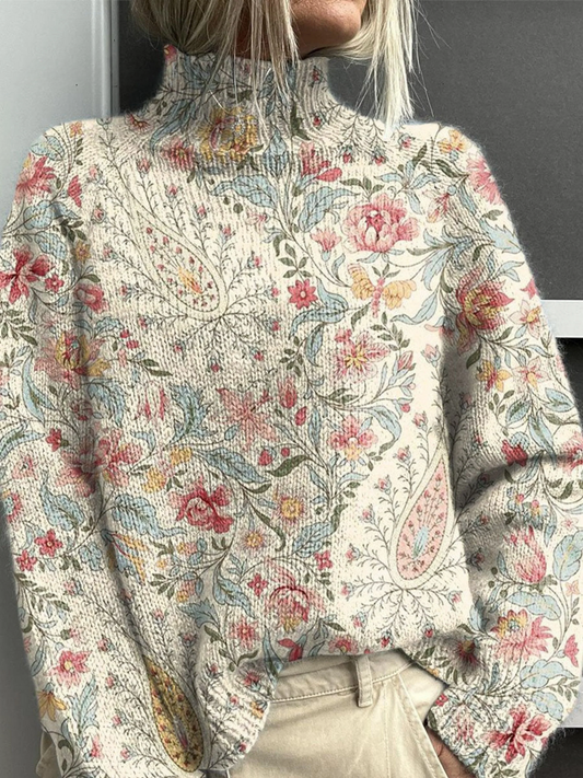 Pull à col montant pour femme, design vintage en cachemire avec motifs floraux détaillés