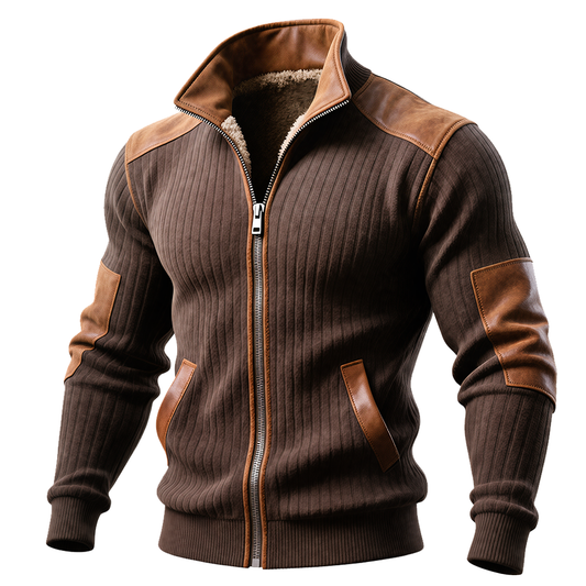 Veste en maille marron pour homme avec fermeture zippée et détails en cuir, chaude et élégante