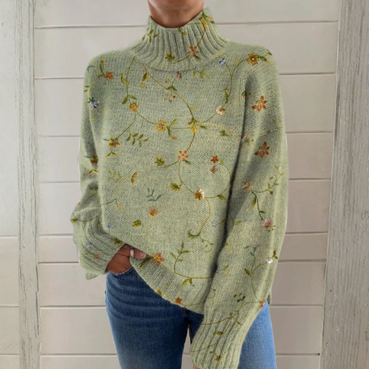 Pull à col montant pour femme, design délicat avec fleurs brodées et silhouette ample
