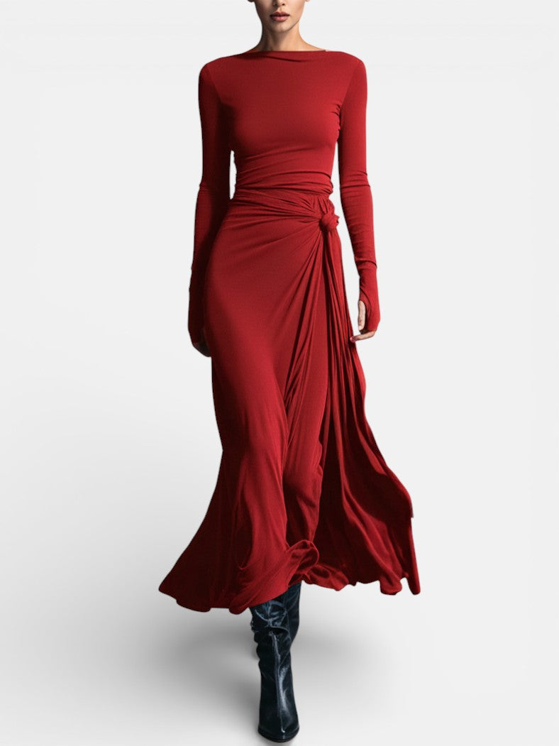Robe longue pour femme avec nœud latéral, design élégant à manches longues et tombé fluide