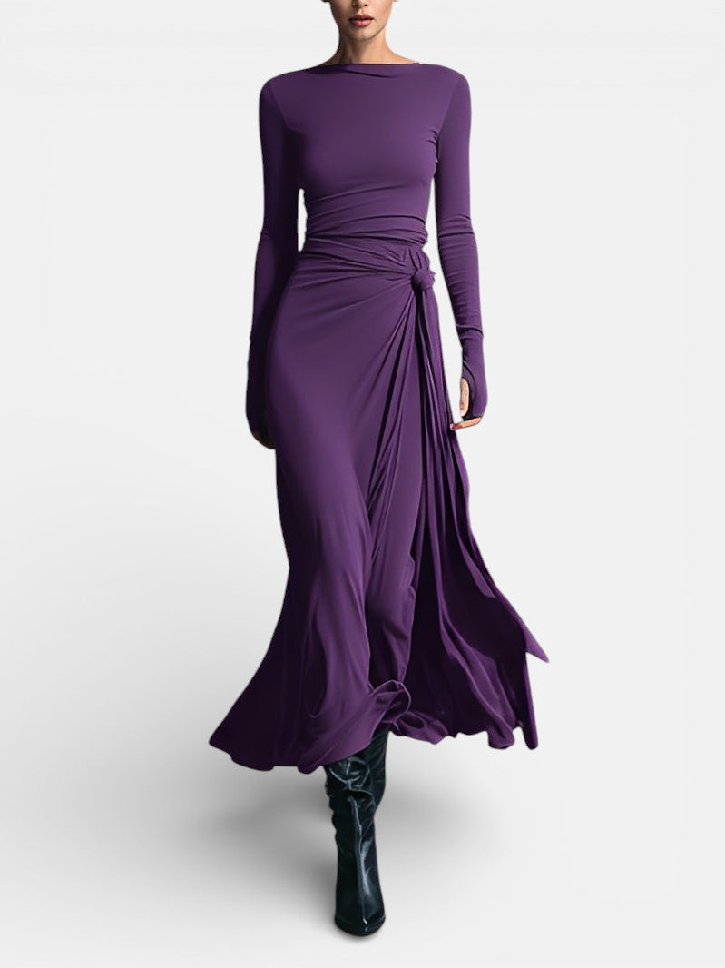 Robe longue pour femme avec nœud latéral, design élégant à manches longues et tombé fluide