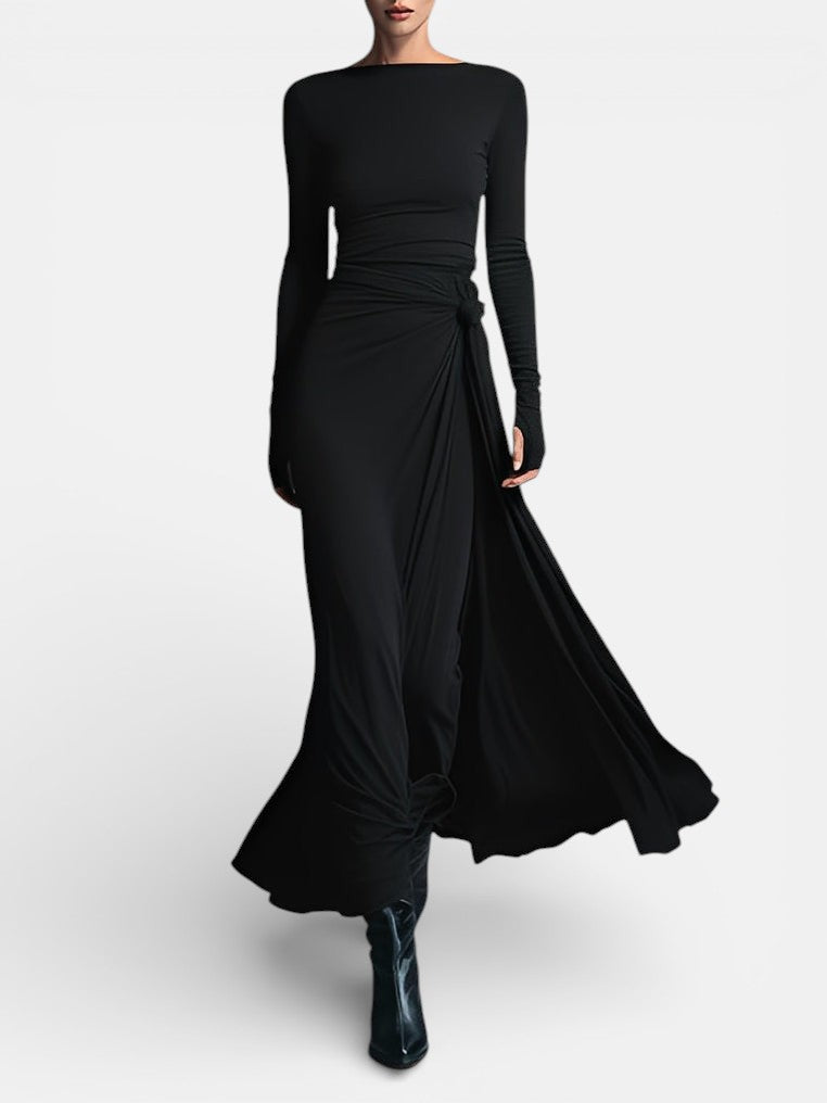 Robe longue pour femme avec nœud latéral, design élégant à manches longues et tombé fluide