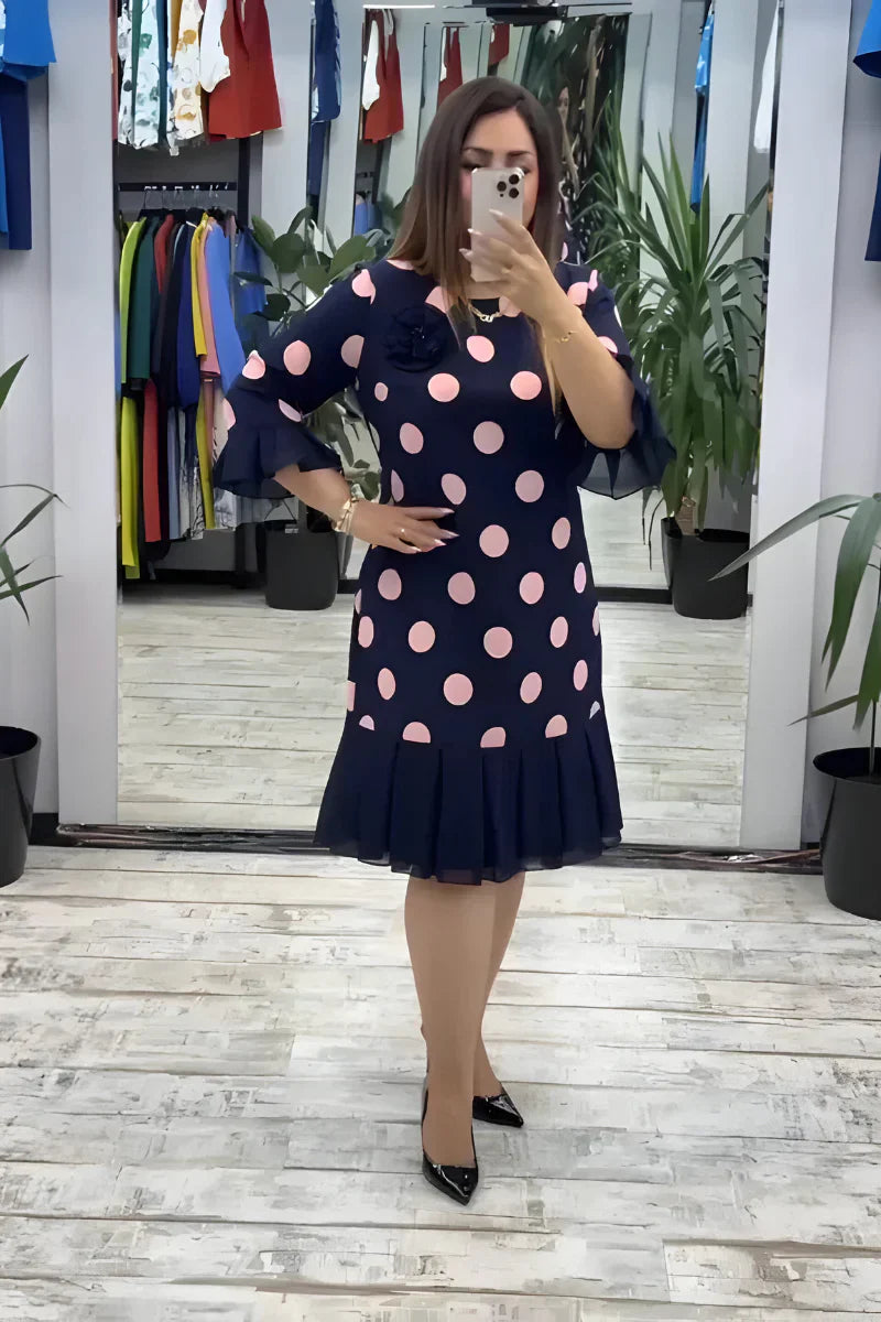 Robe midi pour femme à pois, tissu léger et fluide, manches à volants