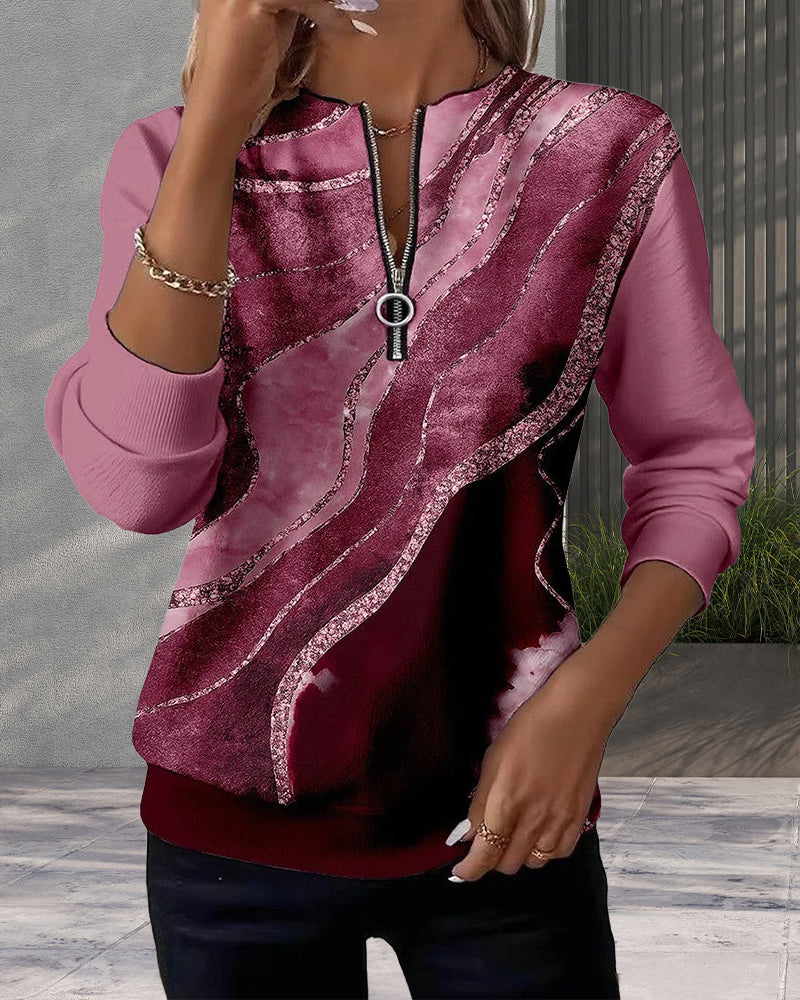 Sweat vintage pour femme avec demi-zip et imprimé artistique aux couleurs classiques