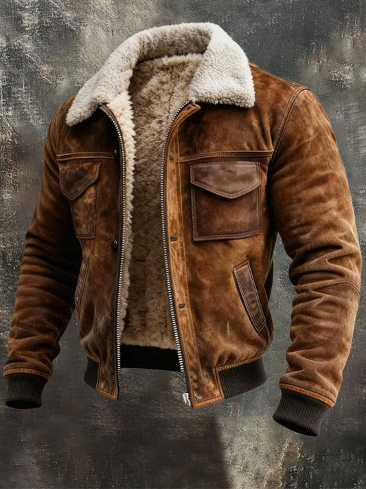 Veste en cuir naturel pour homme avec doublure sherpa, chaude et élégante pour l’hiver