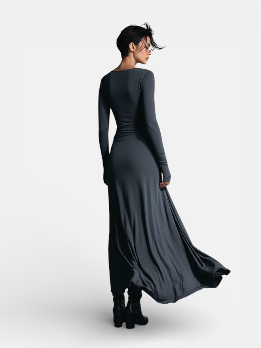 Robe longue pour femme avec nœud latéral, design élégant à manches longues et tombé fluide