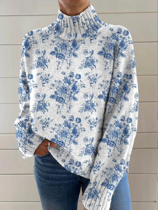 Pull à col montant pour femme, imprimé floral bleu avec délicates fleurs et silhouette ample
