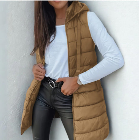 Gilet matelassé long sans manches pour femme, design décontracté avec capuche
