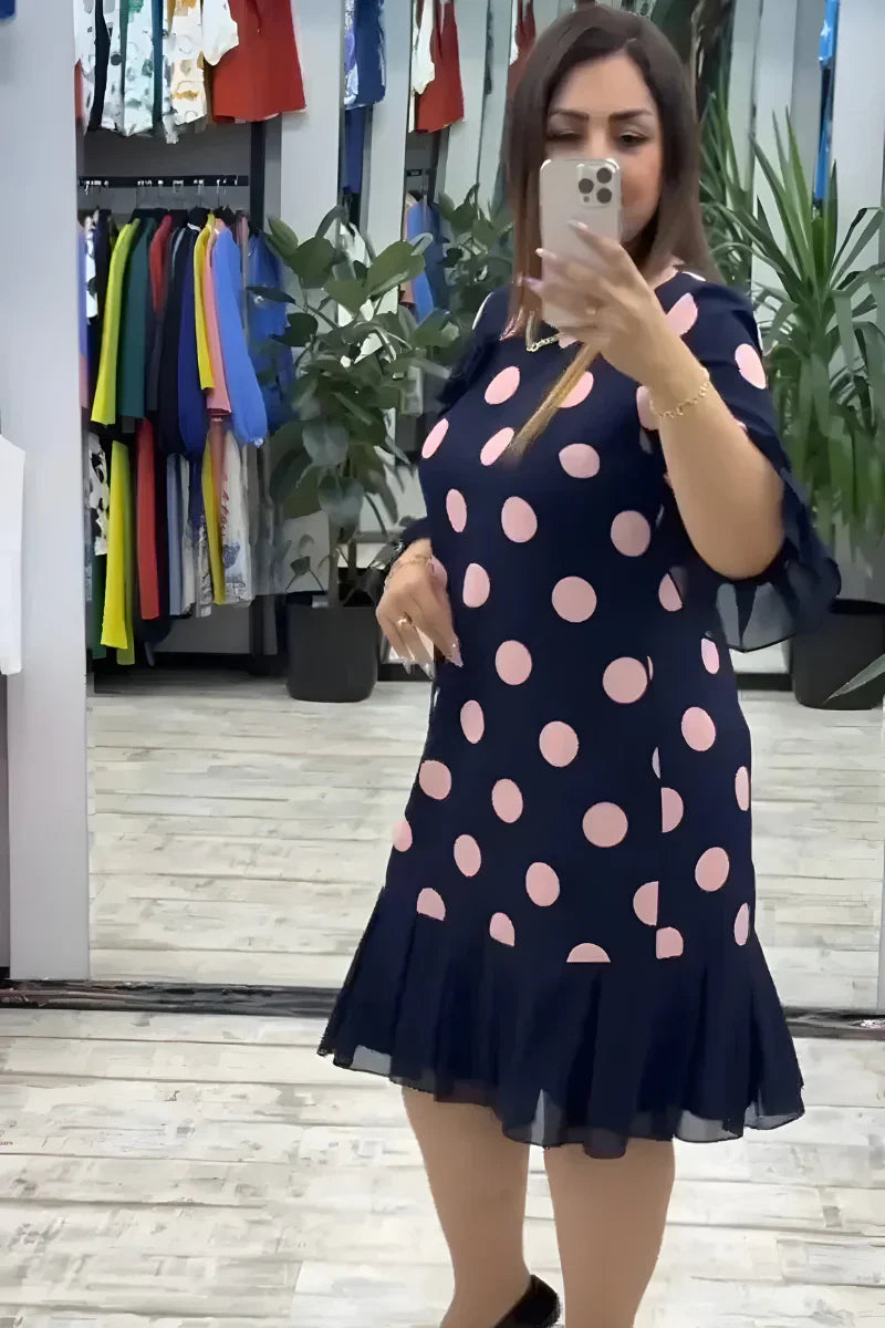 Robe midi pour femme à pois, tissu léger et fluide, manches à volants