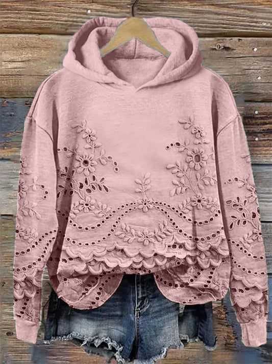 Sweat à capuche doux pour femme avec broderies florales détaillées, confortable et élégant
