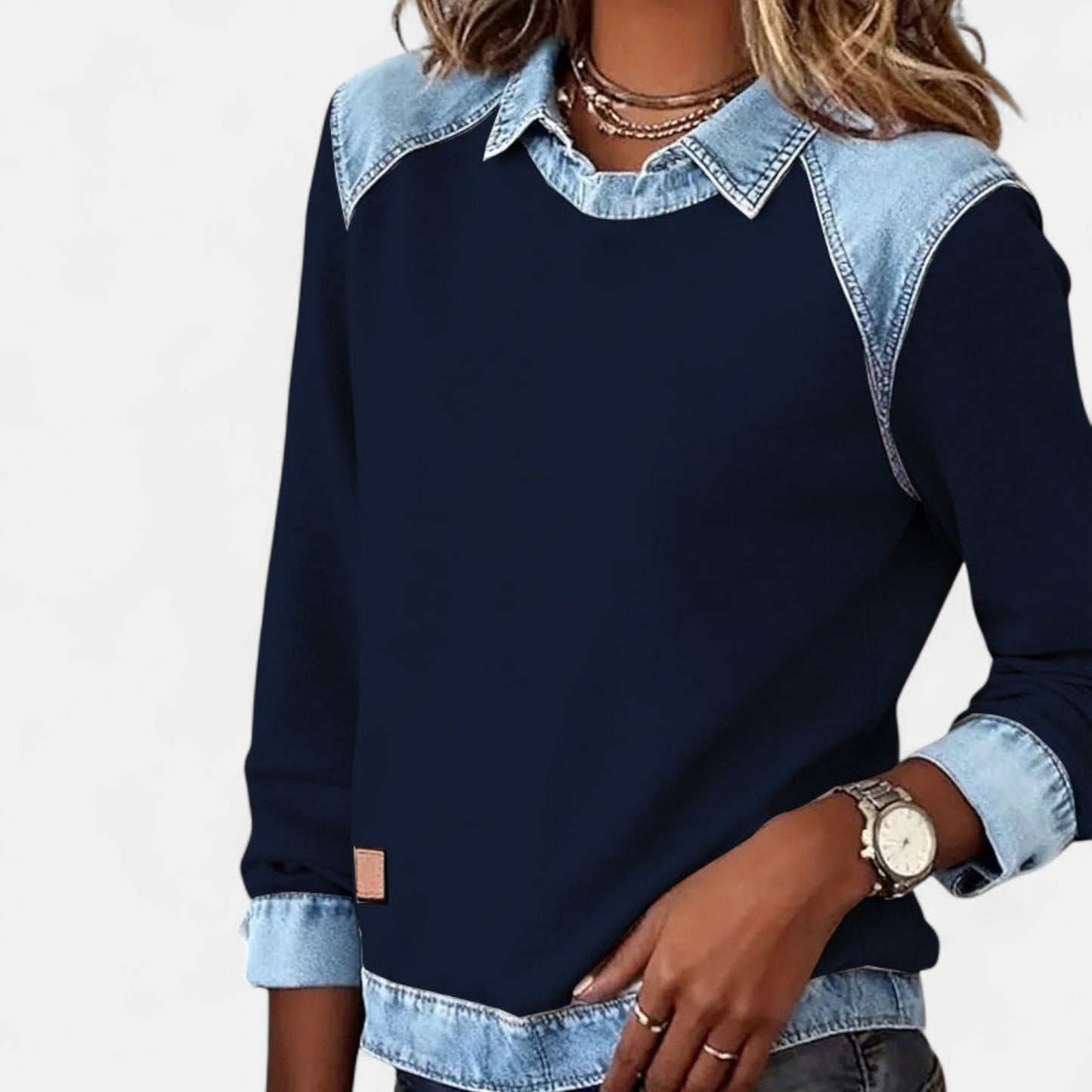Pull à manches longues pour femme, design moderne à effet superposé avec chemise intégrée