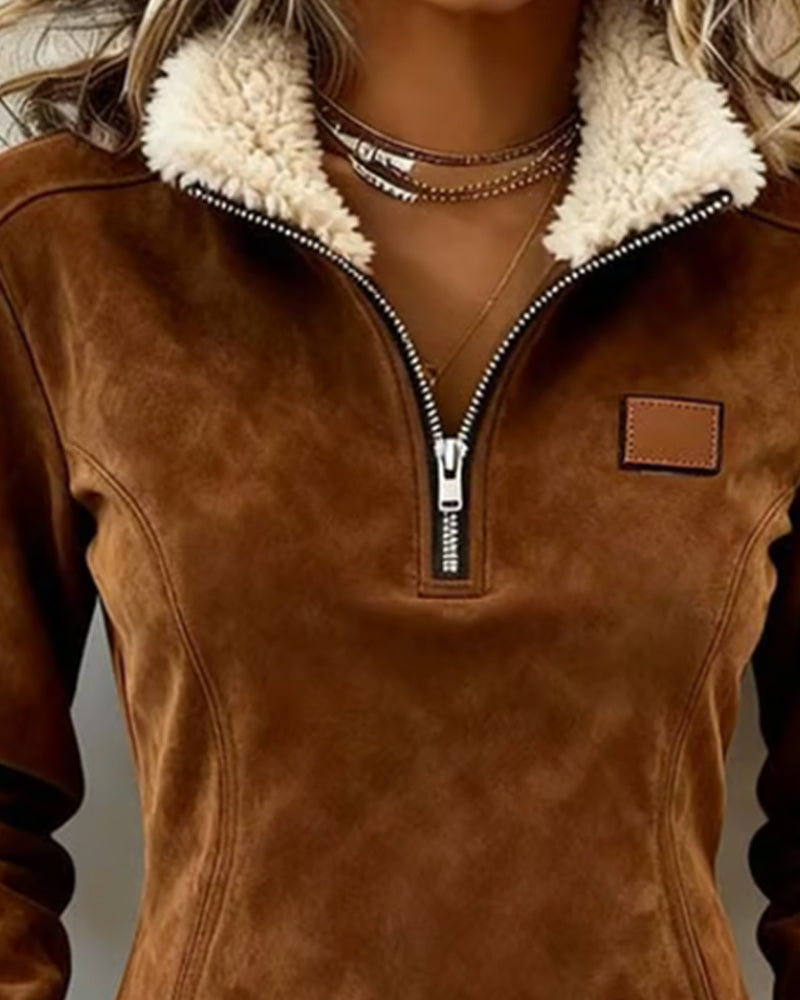 Sweat-shirt pour femme à demi-zip, col montant doublé et design asymétrique