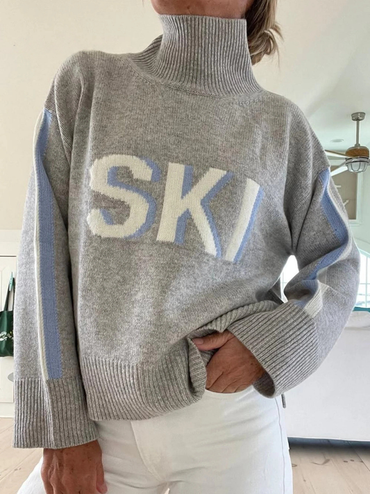 Pull à col montant pour femme, style ski rétro avec grandes lettres et coupe ample