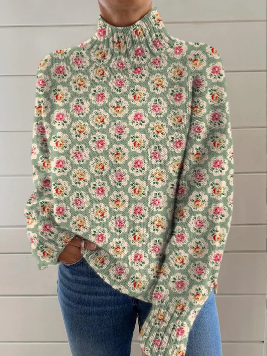 Pull à col montant pour femme, imprimé floral délicat et silhouette ample