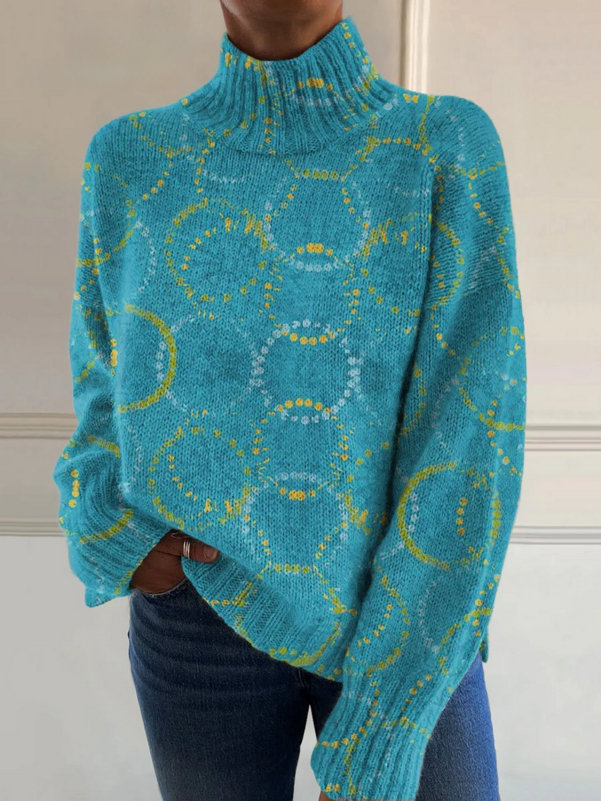 Pull à col montant pour femme avec imprimé artistique de cercles aux couleurs vives et coupe ample