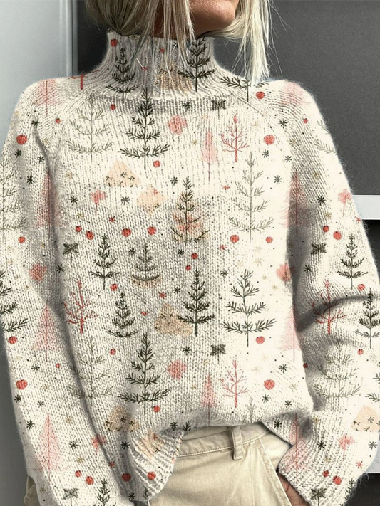 Pull à col montant pour femme, design avec motifs d’arbres et détails délicats