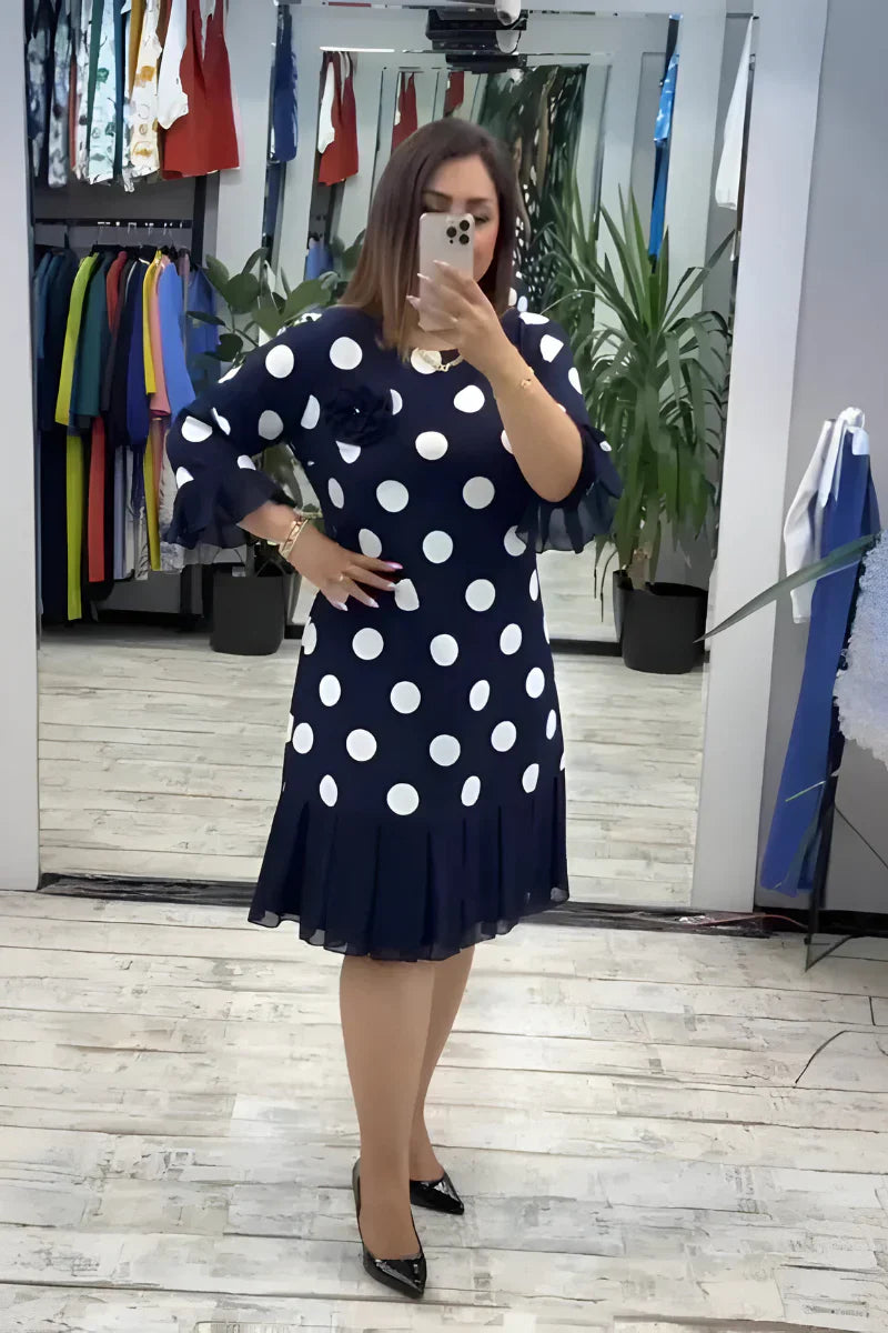 Robe midi pour femme à pois, tissu léger et fluide, manches à volants