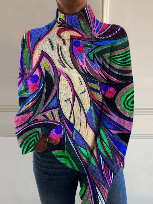 Pull à col montant, design abstrait rétro avec figure artistique et couleurs vives