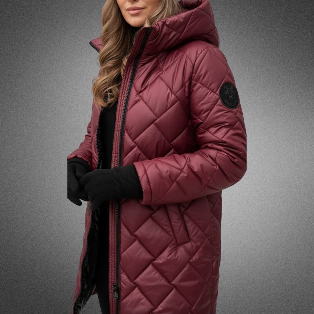 Veste élégante pour femme, design matelassé à motif géométrique avec capuche intégrée