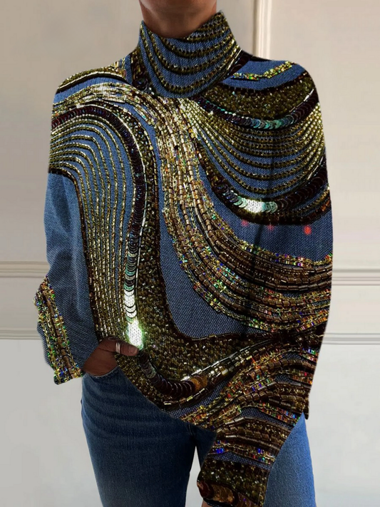 Pull à col montant, design artistique avec lignes ondulées et effet mosaïque brillant
