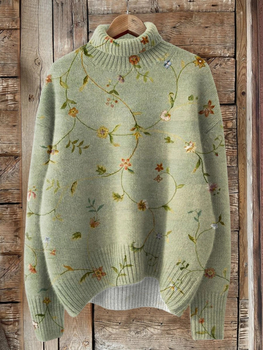 Pull à col montant, design vintage avec délicats motifs floraux et silhouette ample