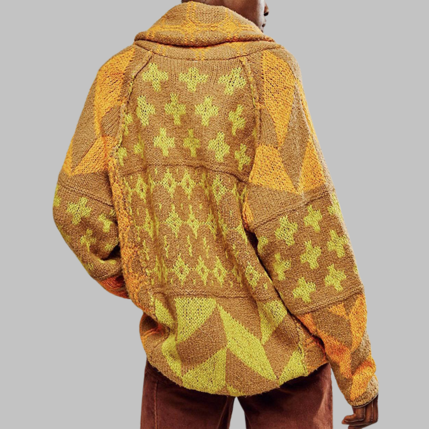 Pull cardigan vintage oversize pour femme avec boutons, manches longues et col chemise, design en maille rétro