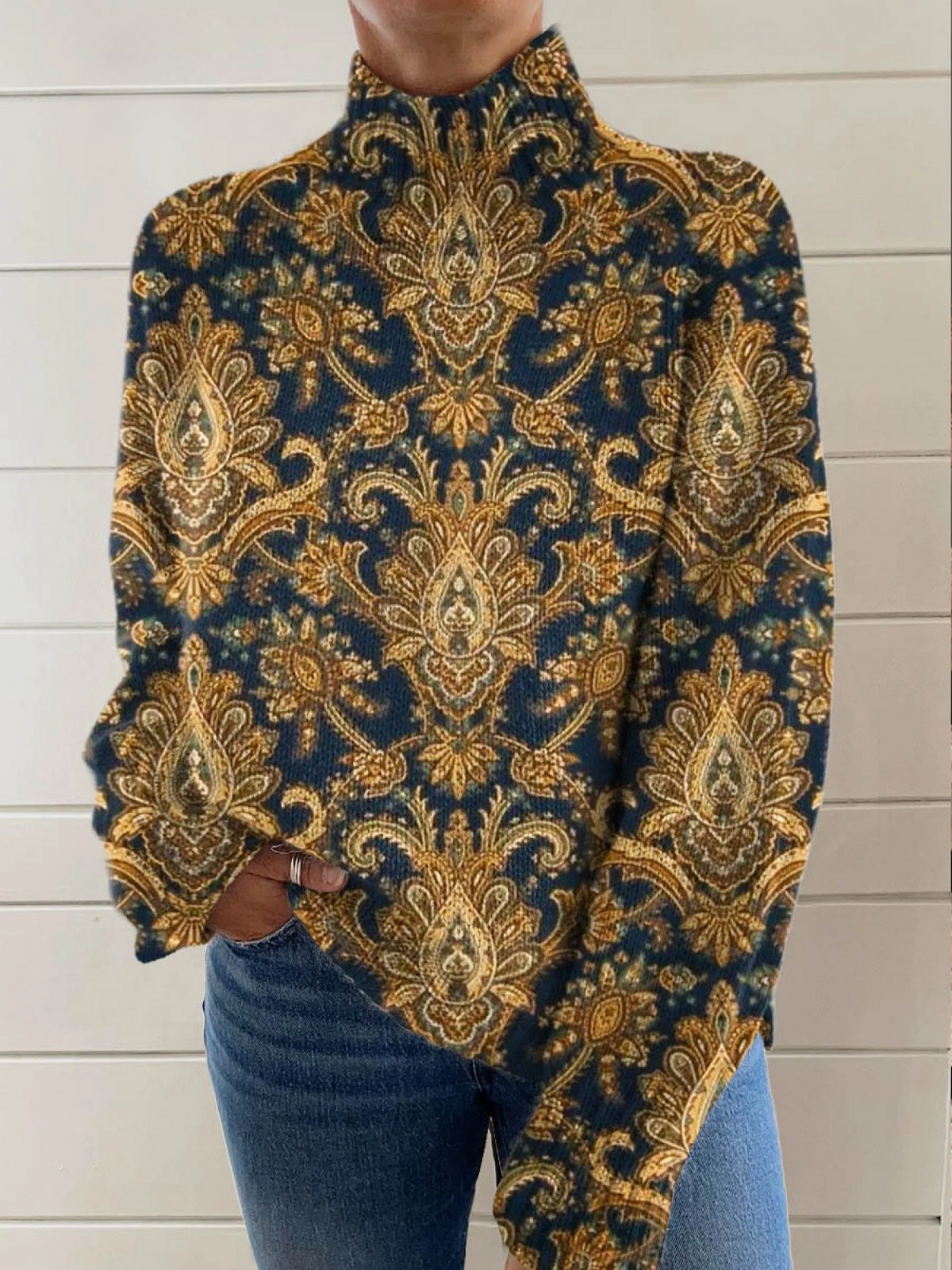 Pull à col montant, design floral ornemental vintage avec motif symétrique