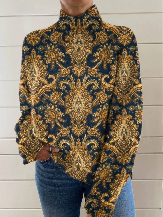Pull à col montant, design floral ornemental vintage avec motif symétrique