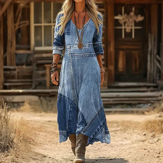 Robe longue en denim pour femme, style vintage, respirante et élégante pour l’automne