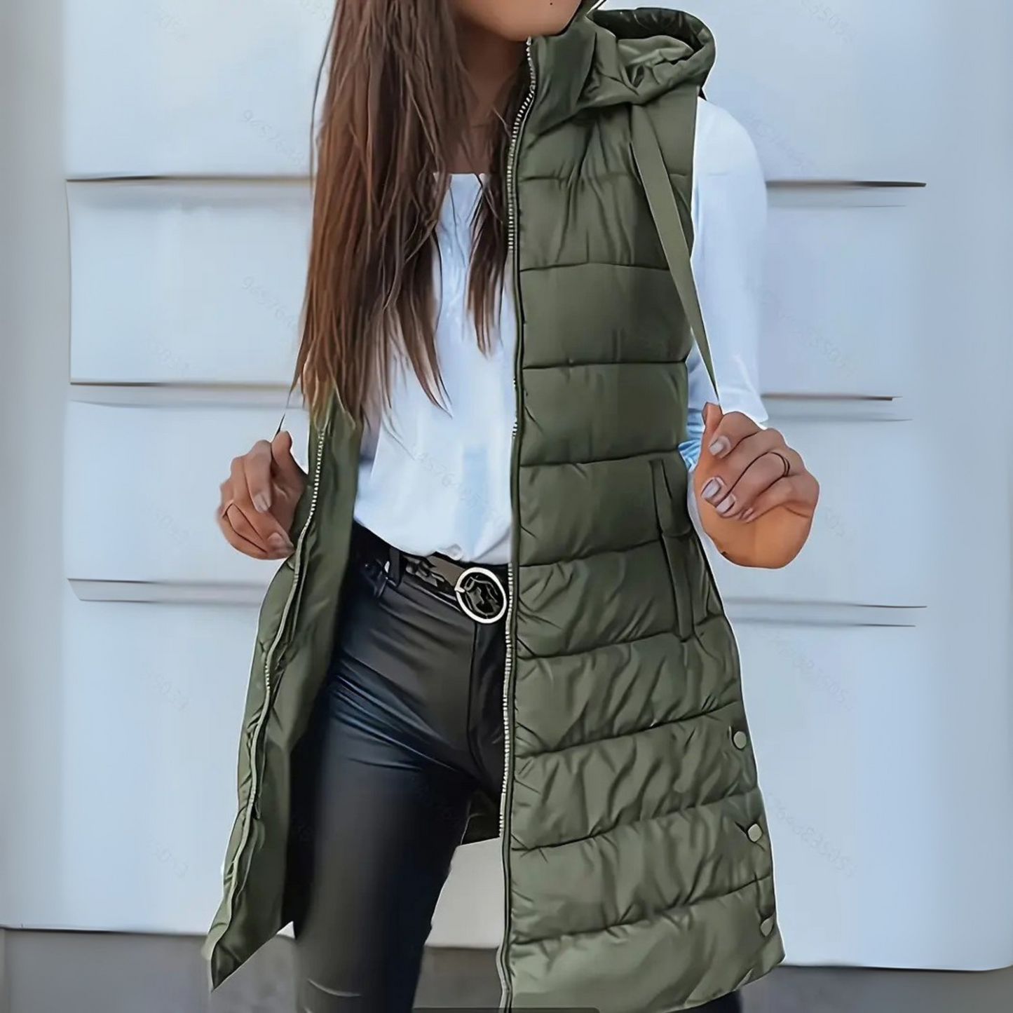 Gilet matelassé long sans manches pour femme, design décontracté avec capuche