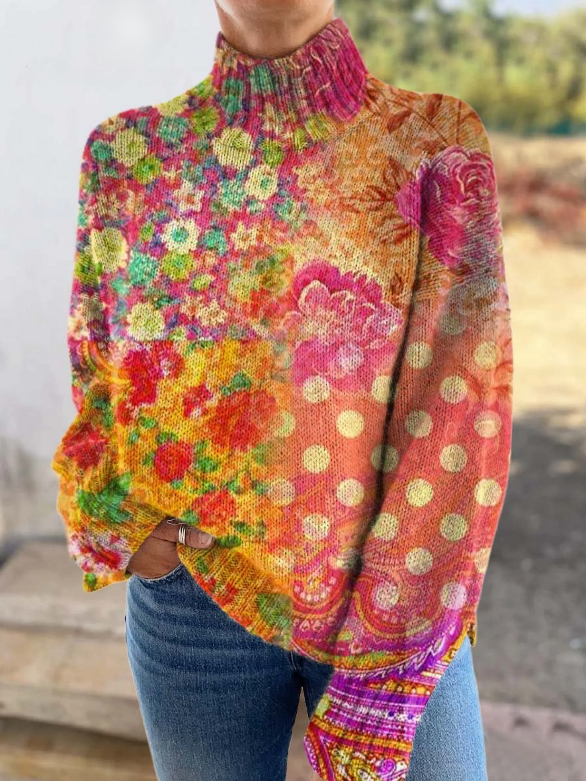 Pull à col montant pour femme, design floral à pois avec un mélange de couleurs vives