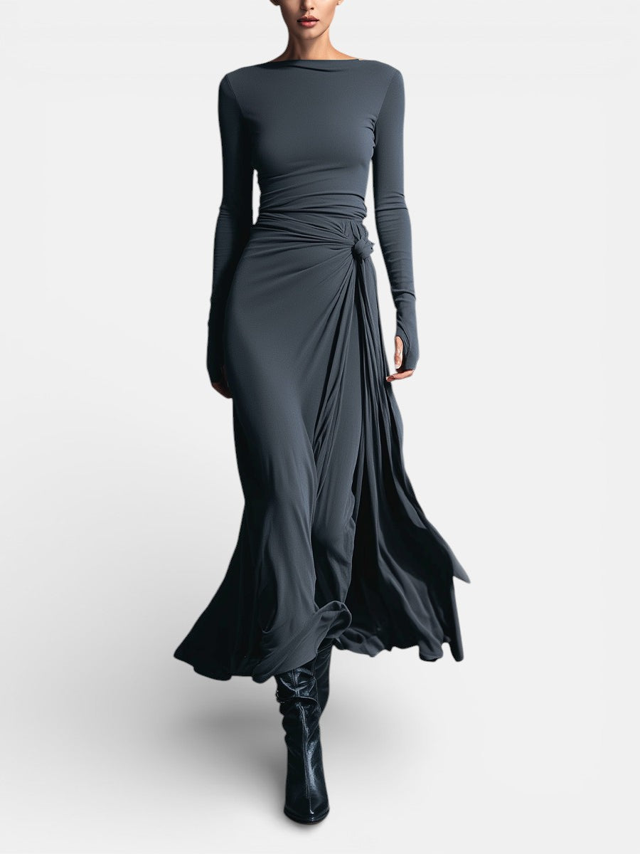 Robe longue pour femme avec nœud latéral, design élégant à manches longues et tombé fluide