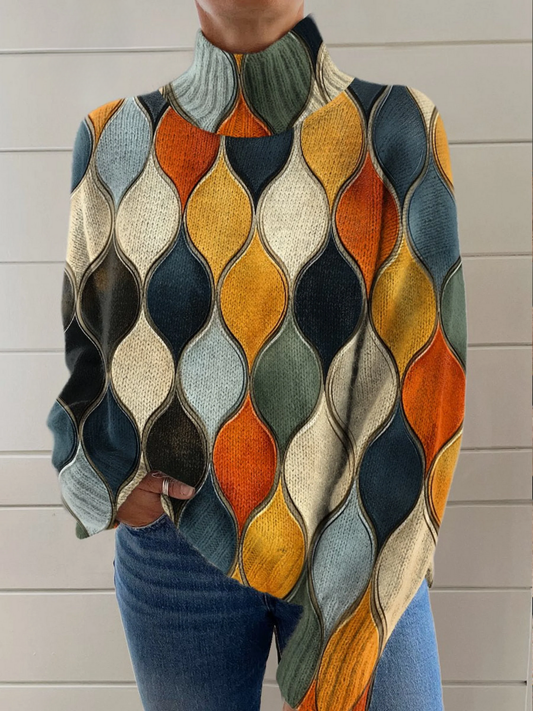 Pull à col montant pour femme, design abstrait avec lignes ondulées multicolores