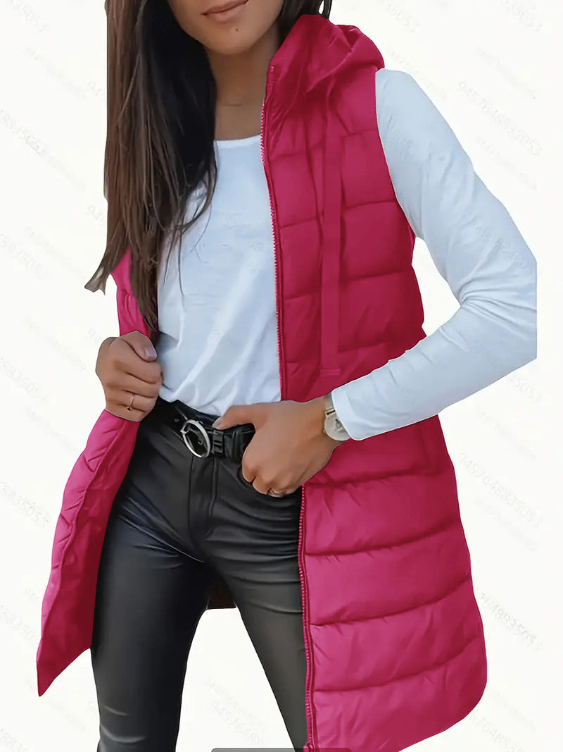 Gilet matelassé long sans manches pour femme, design décontracté avec capuche