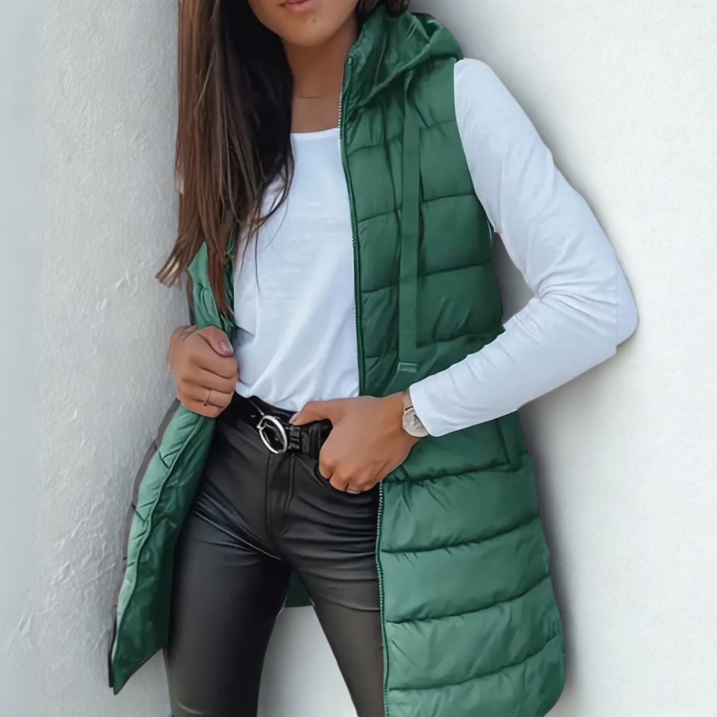 Gilet matelassé long sans manches pour femme, design décontracté avec capuche