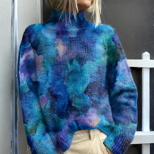 Pull à col montant pour femme, design abstrait aux tons intenses avec effet artistique